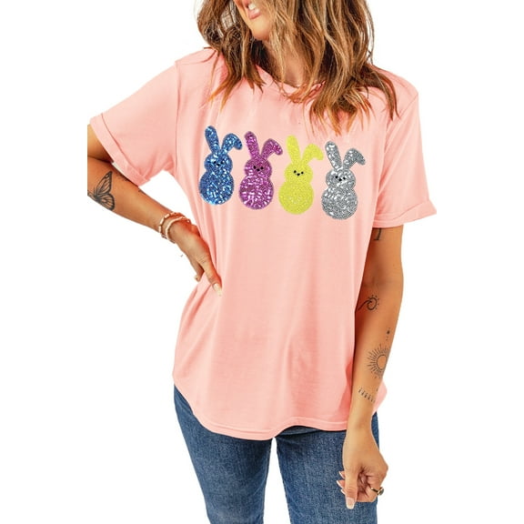 Women's Pink Sequin Cute Bunny Graphic Easter Fashion Tee - [ZhiHiMeRi] | (US 20-22)2XL