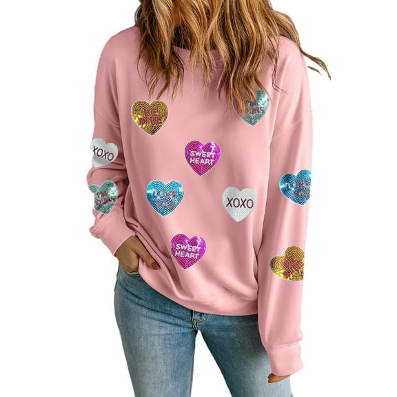 Women's Pink Sequin Heart Graphic Sweatshirt - Romantic Letters for Valentine's Day - [ZhiHiMeRi] | (US 4-6)S