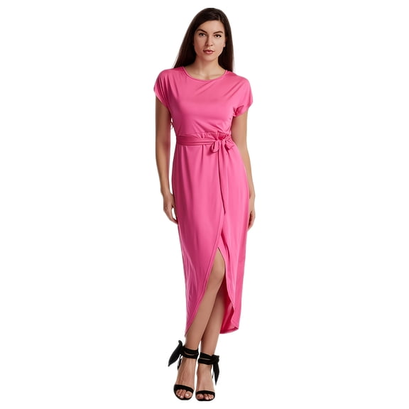 Women's Pink Short Sleeve Tie-Waist Maxi Dress with Side Slit, Casual & Party Outfit