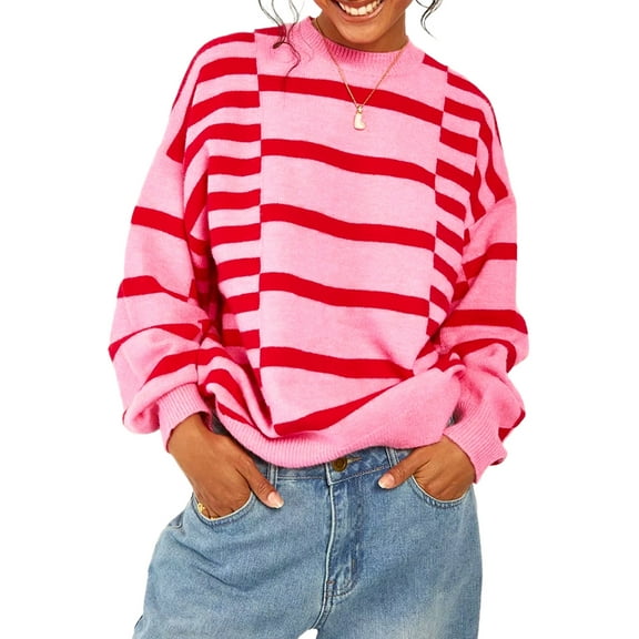 Women's Pink Stripe Bubble Sleeve Drop Shoulder Sweater - Trendy Casual Winter Wear | [ZhiHiMeRi] | (US 12-14)L