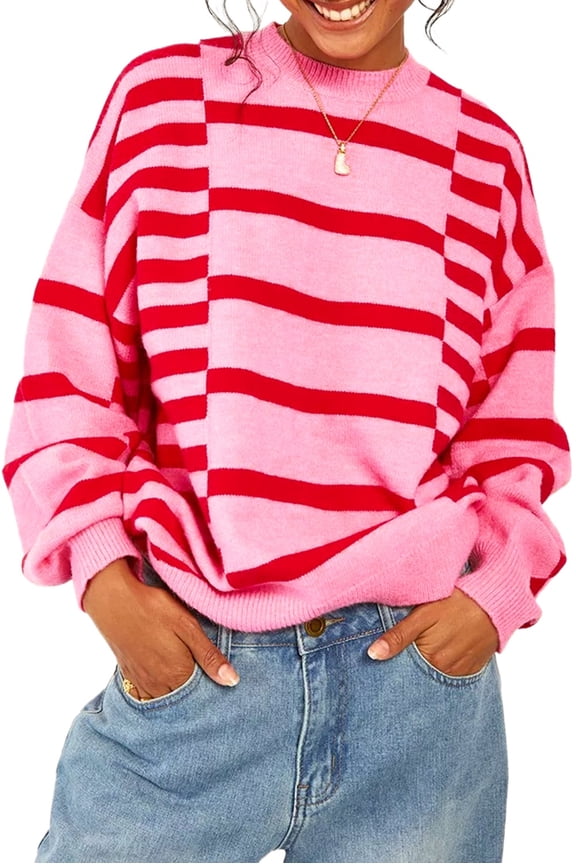 Women's Pink Stripe Bubble Sleeve Drop Shoulder Sweater - Trendy Casual Winter Wear | [ZhiHiMeRi] | (US 12-14)L