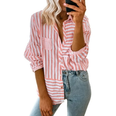 Women's Pink Stripe Buttoned Long Sleeve Casual Shirt