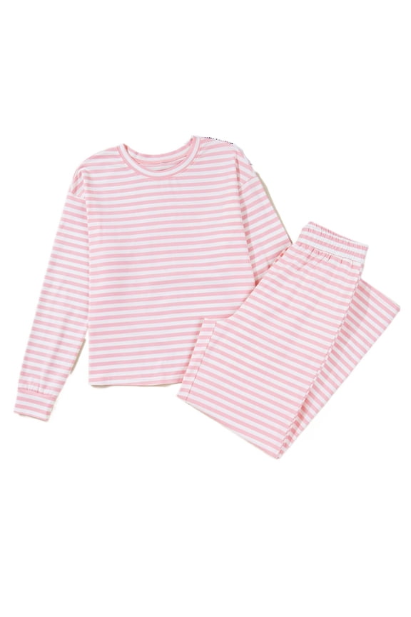 Women's Pink Stripe Casual Two-Piece Set – Drop Shoulder Top & Buttoned Straight Pants, XL