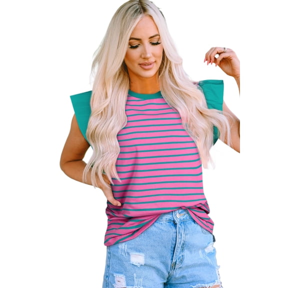 Women's Pink Stripe Colorblock Ruffled Sleeve Crew Neck Blouse - Chic & Stylish | [ZhiHiMeRi] | (US 16-18)XL