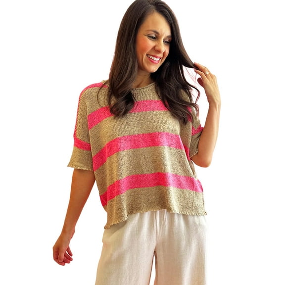 Women's Pink Stripe Colorblock Short Sleeve Lightweight Sweater | [ZhiHiMeRi] | (US 12-14)L