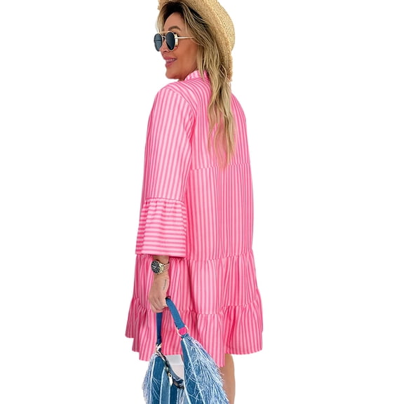 Women's Pink Stripe Flare Sleeve Half Placket Tiered Mini Dress - Casual Spring Style | L