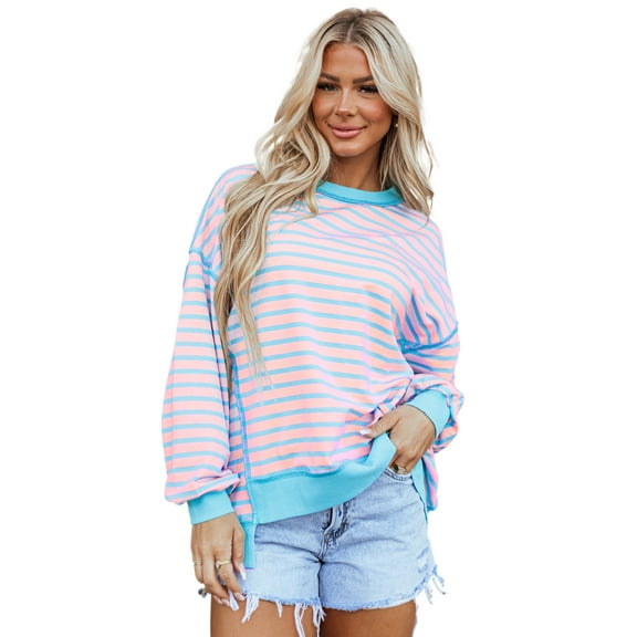 Women's Pink Stripe High-Low Pullover Tunic Sweatshirt - [ZhiHiMeRi] | (US 12-14)L