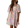 thumbnail image 1 of Women's Pink Summer Floral Square Neck Puff Sleeve Babydoll Dress, 1 of 8
