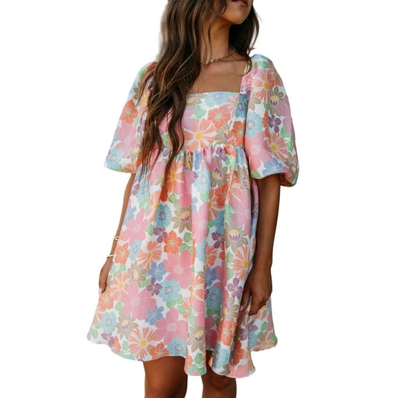 Women's Pink Summer Floral Square Neck Puff Sleeve Babydoll Dress