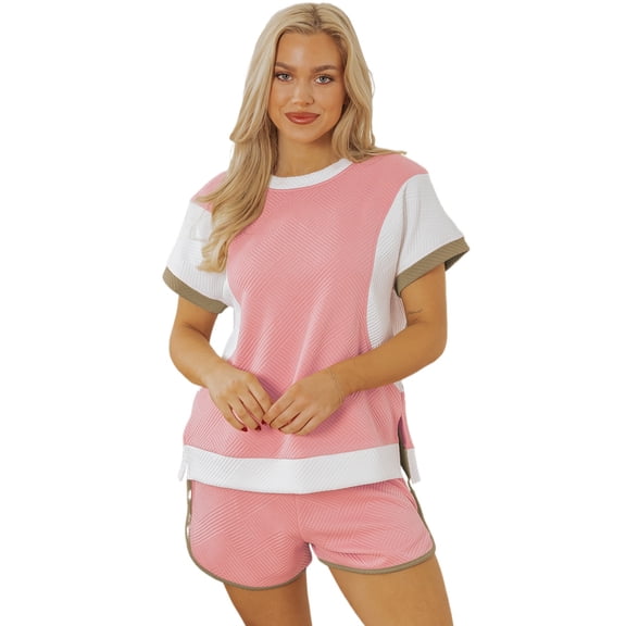 Women's Pink Textured Colorblock Patchwork Tee and High-Waist Shorts Set - [ZhiHiMeRi] | (US 12-14)L