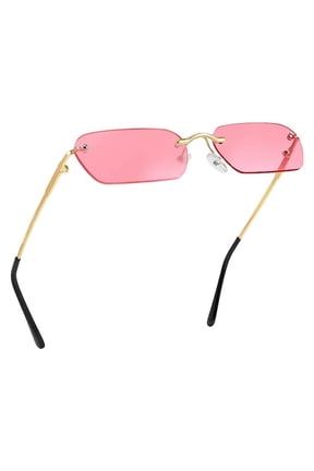Women's Pink Tint Rimless Gold Frame Ladies Fashion Rectangle Sunglasses