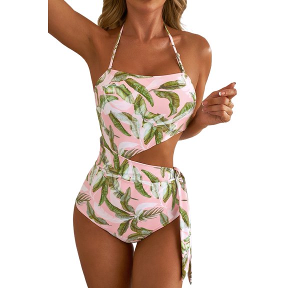Women's Pink Tropical Asymmetric Cut-Out Halter Backless One Piece Swimwear - [ZhiHiMeRi] | (US 18-20)2XL