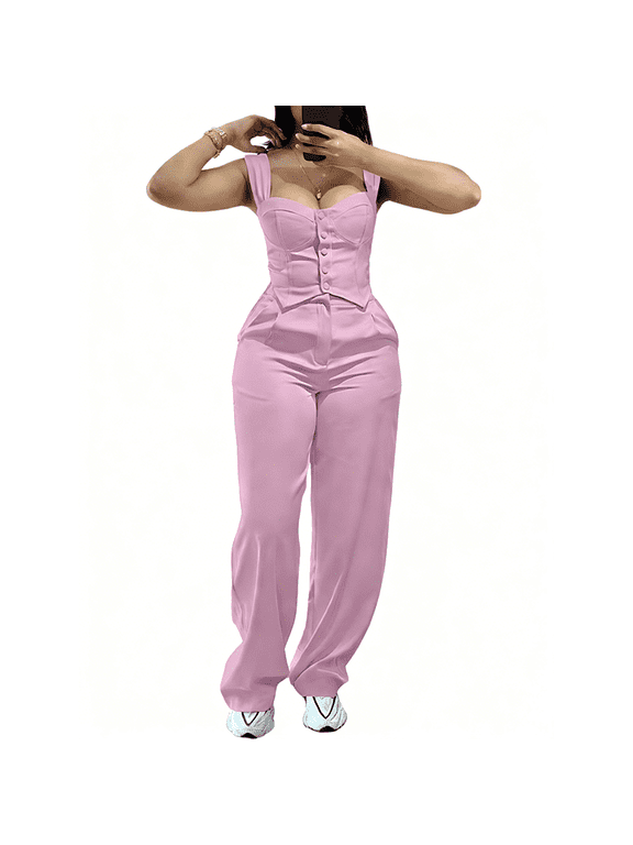 Women's Pink Two Piece Outfit Sleeveless Button Down Crop Top and High Waisted Wide Leg Pants Set for Casual and Party