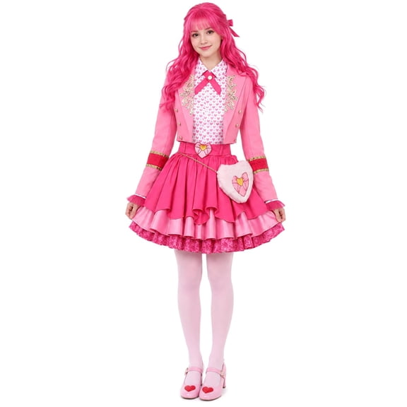 Women's Pink Wonderland Costume Set, Heart Print Cosplay Outfit with Jacket Skirt Wig Bag Earrings for Halloween Party