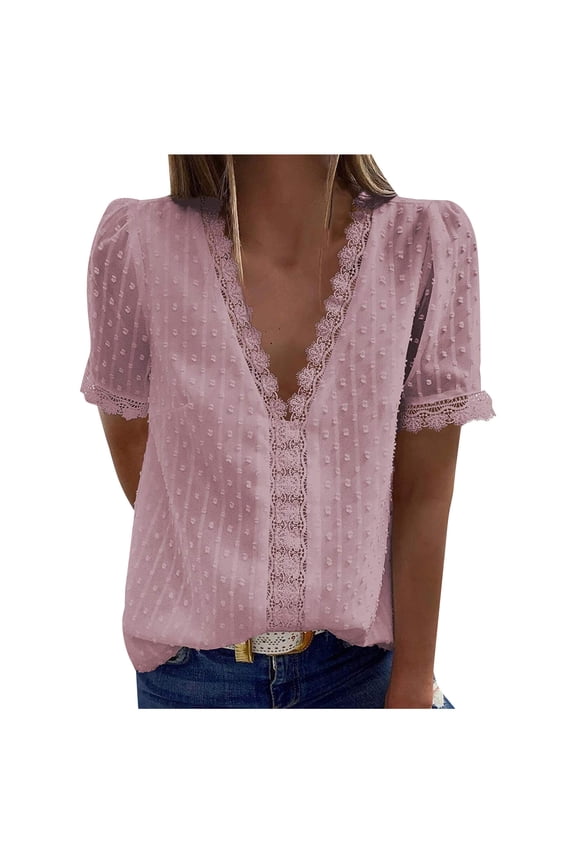 Women's Pink XL Size Lace V Neck Short Sleeve Batik Top Soft Polyester For Everyday Casual Comfort