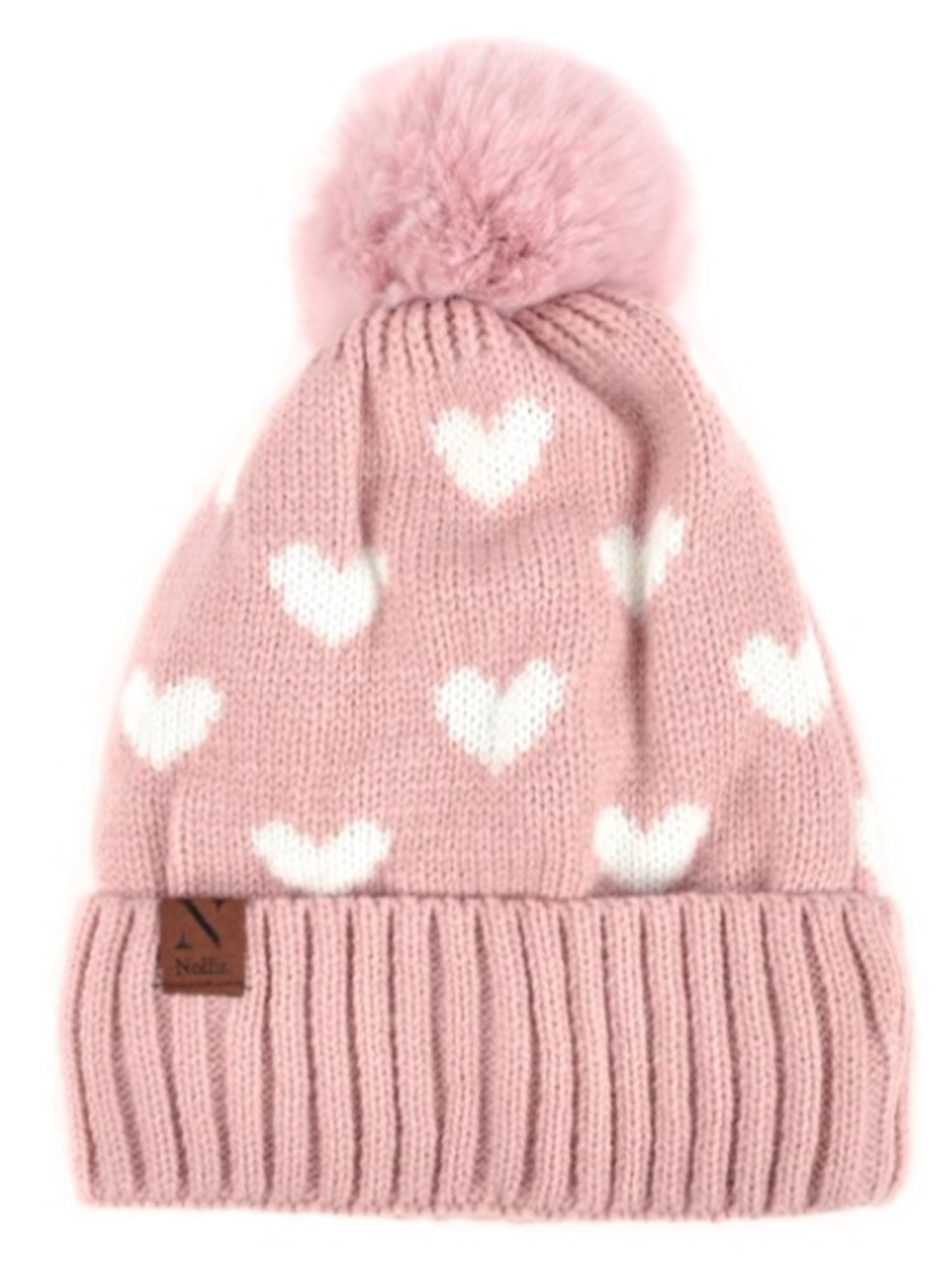 Monkey Beanie Hat Pom Poms Pink Heart Nose Knit Brown Girls Winter  Valentine's