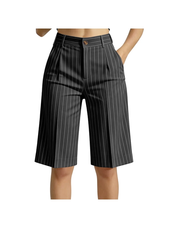 Women's Pinstripe Bermuda Shorts, High Waisted Knee Length Tailored Dress Shorts with Pockets, Wide Leg Casual Work Shorts
