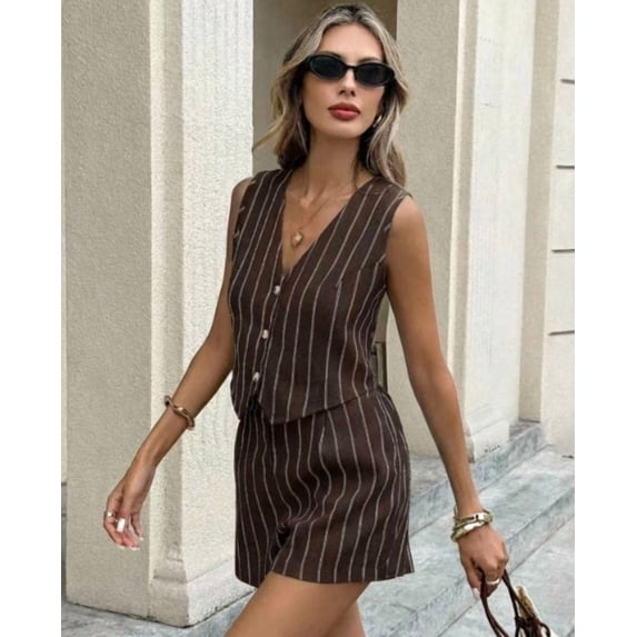 Women's Pinstripe Button Vest and Shorts Set, Sleeveless Tailored Summer Outfit