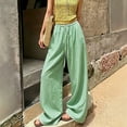 thumbnail image 1 of Women's Pinstripe Linen Palazzo Pants Elastic Drawstring High Waist Flowy Wide Leg Loose Summer Beach Trousers With Pockets Green XL, 1 of 6