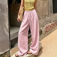 thumbnail image 1 of Women's Pinstripe Linen Palazzo Pants Elastic Drawstring High Waist Flowy Wide Leg Loose Summer Beach Trousers With Pockets Pink L, 1 of 6