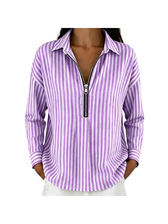 Women's Pinstripe Long Sleeve Lapel Shirt with Half Zip Design and Relaxed Loose Fit, Casual Summer Blouse for Work, Travel, Vacation, or Everyday Wear Purple S