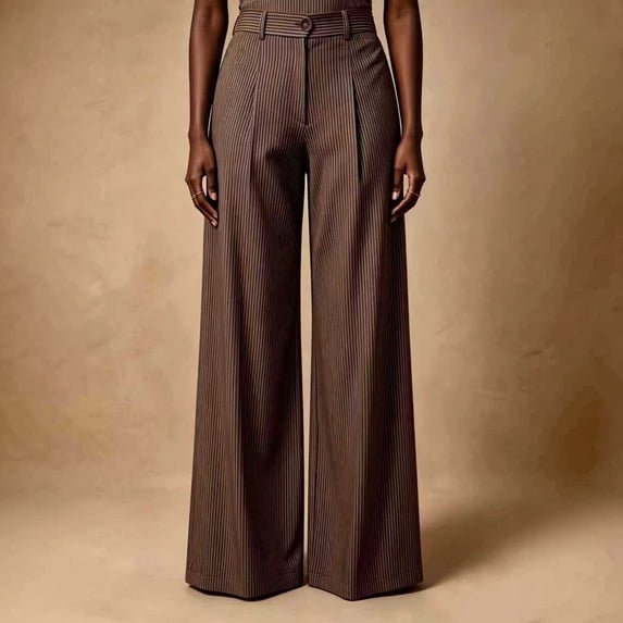 Women's Pinstripe Pleated Wide Leg Pants Button Waistband High Waisted Work Business Casual Flowy Trousers for Office Fall Winter