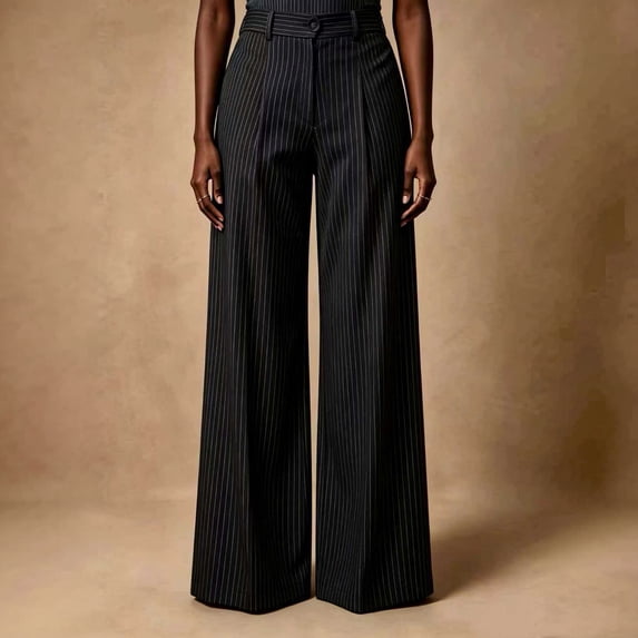 Women's Pinstripe Pleated Wide Leg Pants Button Waistband High Waisted Work Business Casual Flowy Trousers for Office Fall Winter