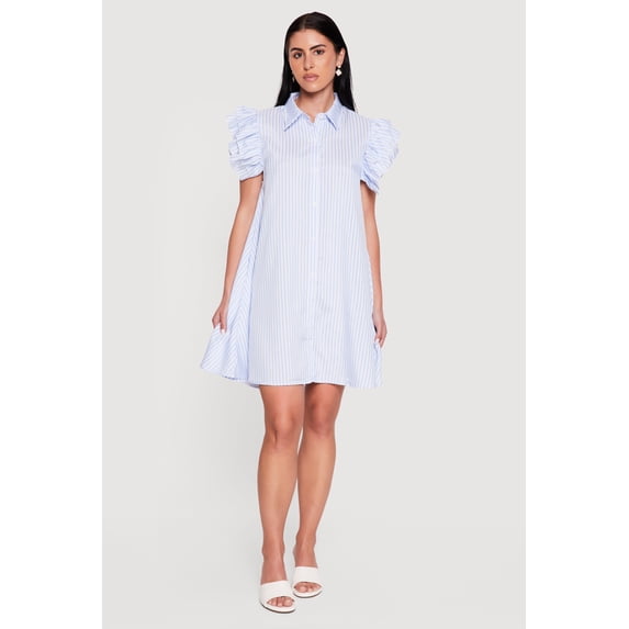 Women's Pinstripe Tiered Ruffle Sleeve Shirt Dress