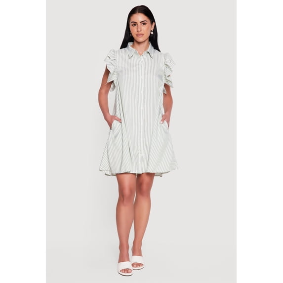 Women's Pinstripe Tiered Ruffle Sleeve Shirt Dress