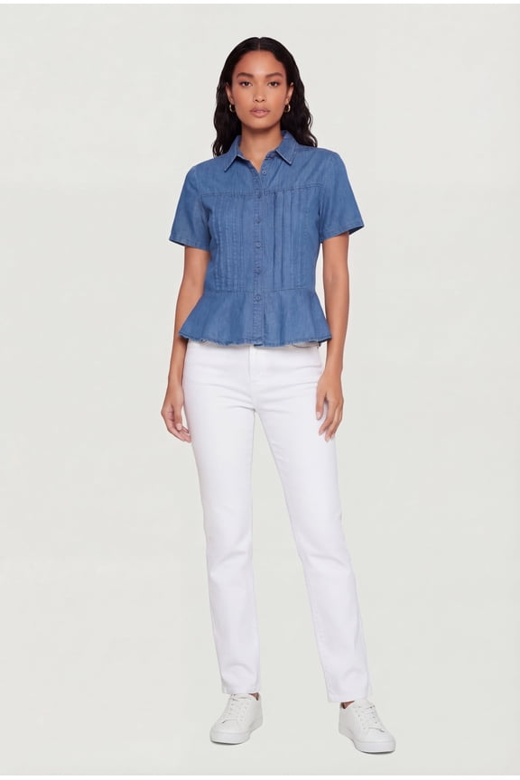 Women's Pintuck Button Front Short Sleeve Peplum Top