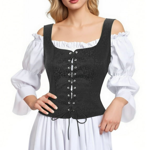 Women's Pirate Corset Vest Renaissance Medieval Corsets Tank Top Gothic Jacquard Waistcoat Halloween Bodice Black, XXL