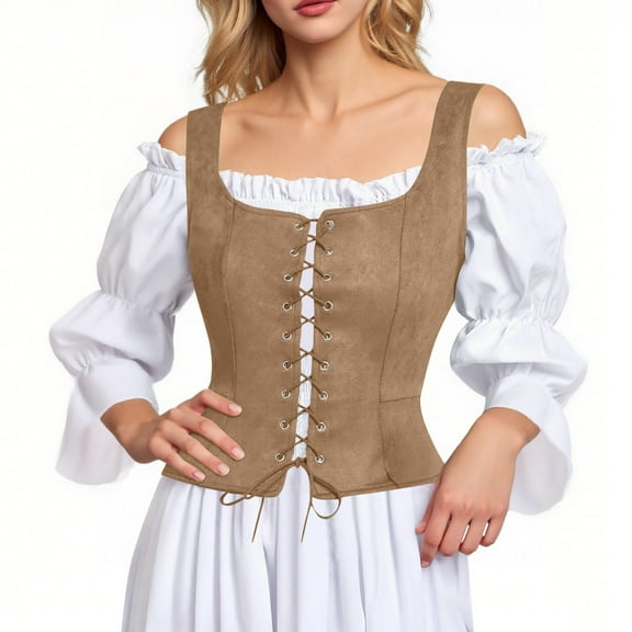 Women's Pirate Corset Vest Renaissance Medieval Corsets Tank Top Gothic Waistcoat Halloween Bodice Role Play Brown, L