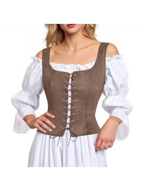 Women's Pirate Corset Vest Renaissance Medieval Corsets Tank Top Gothic Waistcoat Halloween Bodice Role Play Khaki, XL