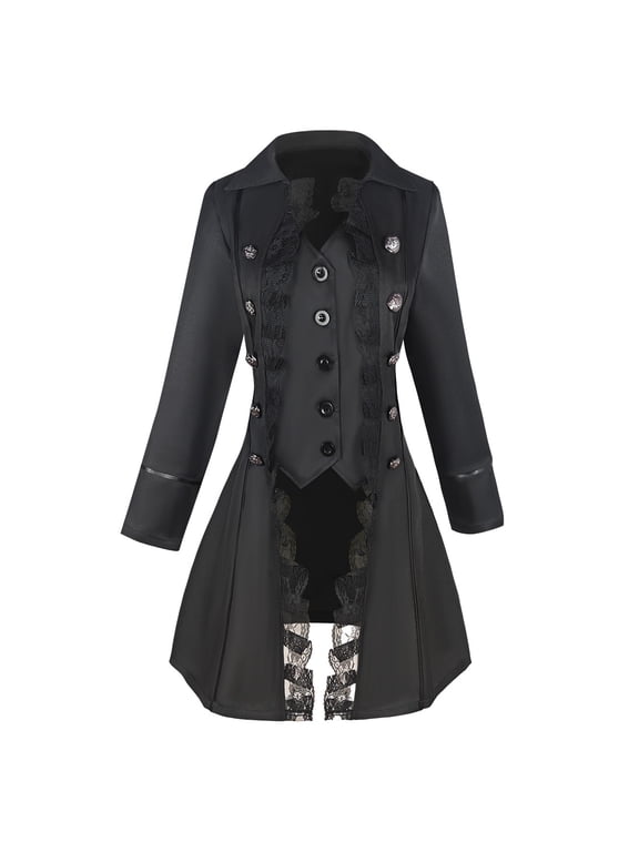 Women's Pirate Jacket Steampunk Gothic Double-breasted Buttons Lace Trim Tailcoat Cosplay Halloween Costumes