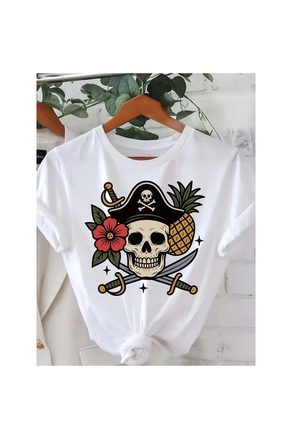 Women's Pirate Skull Tropical Graphic T-Shirt, Crew Neck Casual Top with Skull, Pineapple, and Sword Design for Halloween，Funny，cotton，white，S-5XL