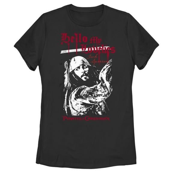 Women's Pirates of the Caribbean: Curse of the Black Pearl Jack Sparrow Hello My Lovelies  Graphic Tee Black X Large