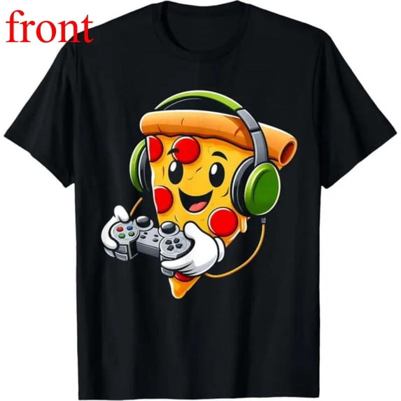 Women's Pizza Gamer Graphic Cotton T Shirt Casual Comfortable Short Sleeve Round Neck Top Black S-5XL
