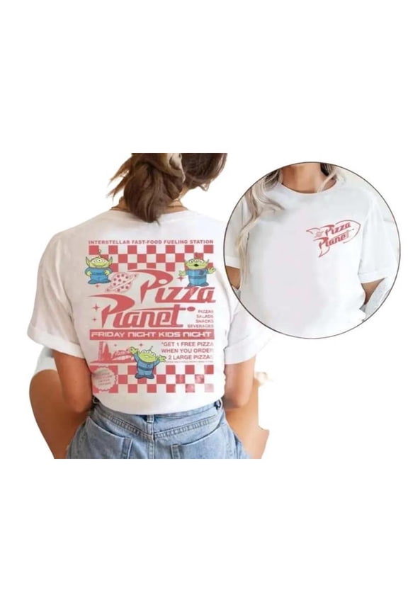 Women's "Pizza Planet" Toy Story Graphic Tees featuring Alien and Checkered Print T - shirts Comfortable Short Sleeve Tops Great For Daily Casual Shirts
