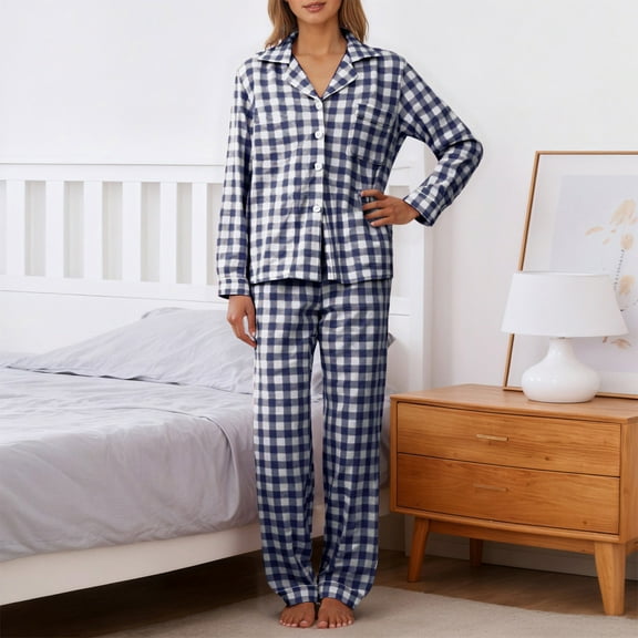 Women's Pjs Sets Women Soft Pajamas Plaid Long Sleeve Sleepwear Button down Loungewear Womens 2 Piece Lounge Set Women Birthday Gifts XXL