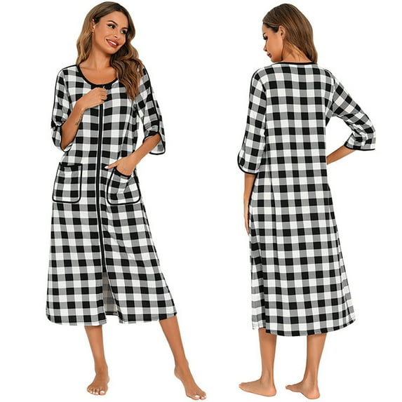 Women's Plaid 3/4 Sleeve Robes Zip Front Nightgown Long Sleepwear Loose Housecoat Loungewear Dress with Pockets