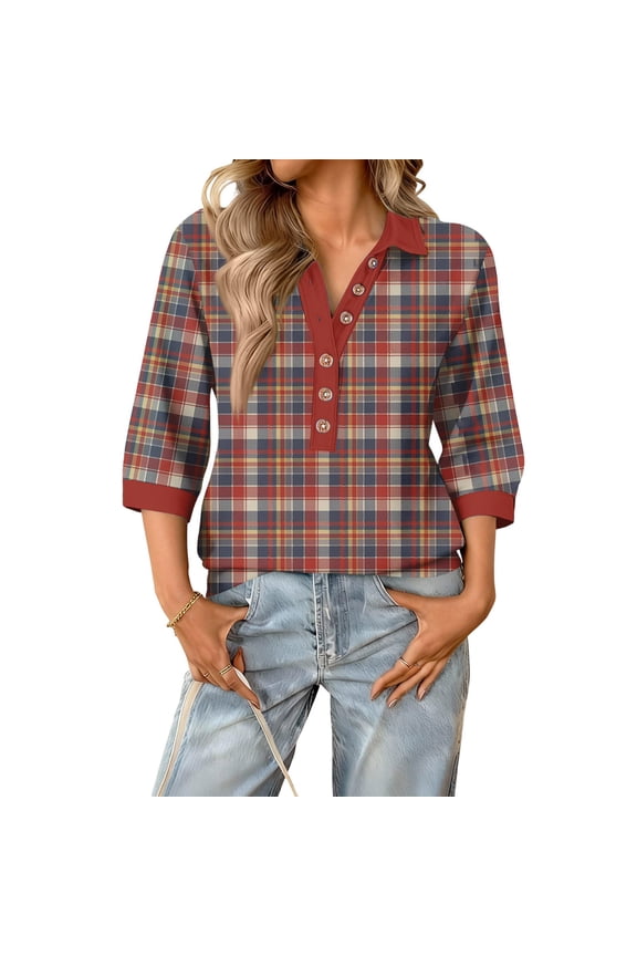 Women's Plaid 3/4 Sleeve Top - V-Neck with Solid Sleeve Accent, Preppy & Casual Gingham Print Summer Shirt Vermilion 3XL
