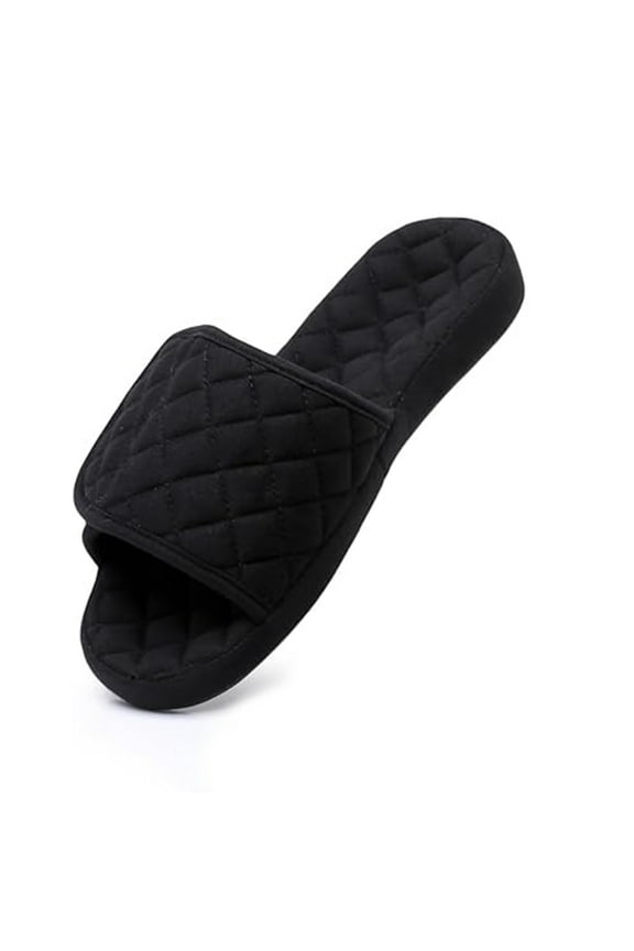 Women's Plaid Arch Support Slippers with Adjustable Hook & Loop Closure Open Toe House Shoes Non-slip Outsole, Black M
