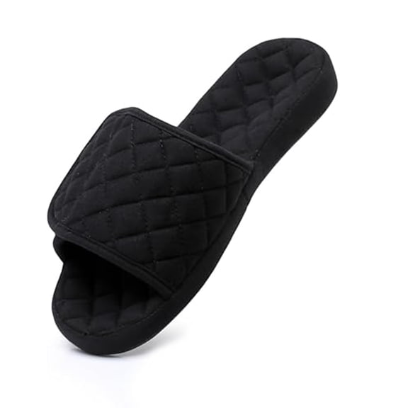 Women's Plaid Arch Support Slippers with Adjustable Hook & Loop Closure Open Toe House Shoes Non-slip Outsole, Black S