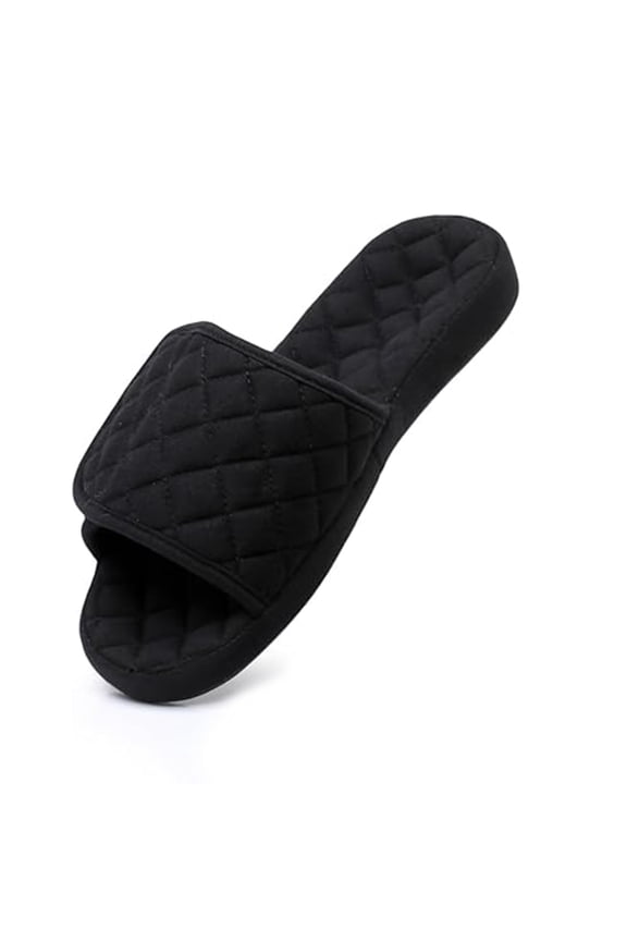 Women's Plaid Arch Support Slippers with Adjustable Hook & Loop Closure Open Toe House Shoes Non-slip Outsole, Black S