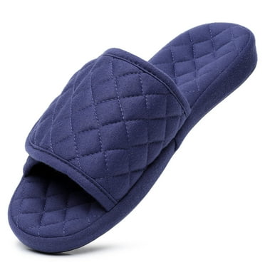Women's Plaid Arch Support Slippers with Adjustable Hook & Loop Closure Open Toe House Shoes Non-slip Outsole, DARKBLUE XL