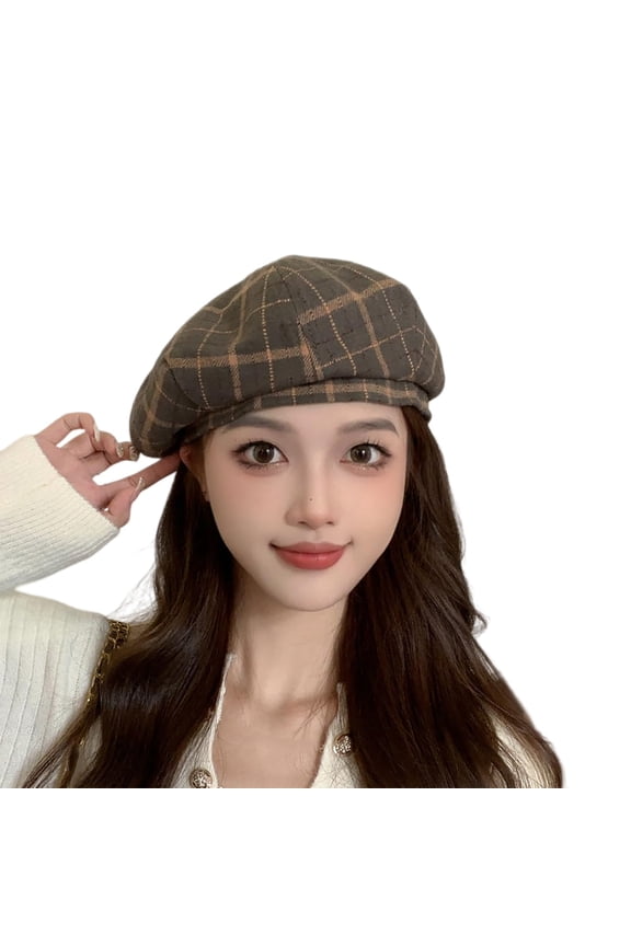 Women's Plaid Beret Hat, Wool Blend Vintage England Retro Painter Cap, Tartan Artist Hat for Daily Casual Wear, School, and Fashion Gift Blackish Green