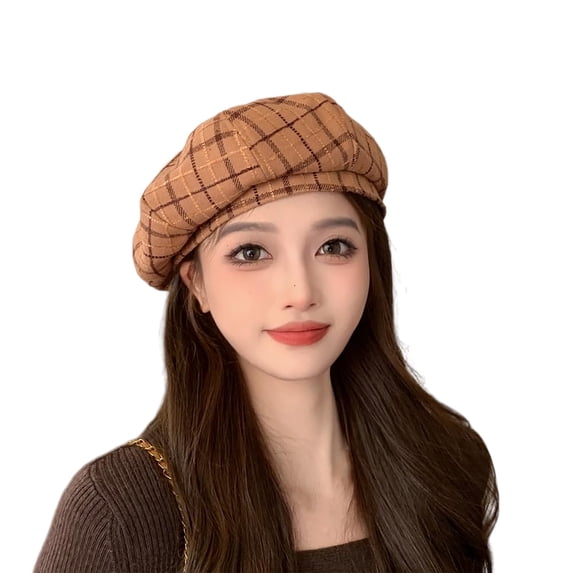 Women's Plaid Beret Hat, Wool Blend Vintage England Retro Painter Cap, Tartan Artist Hat for Daily Casual Wear, School, and Fashion Gift Khaki