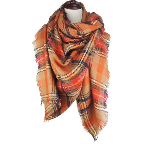 Women's Plaid Blanket Fall Winter Scarf Wrap Oversized Shawl Orange for Halloween Thanksgiving