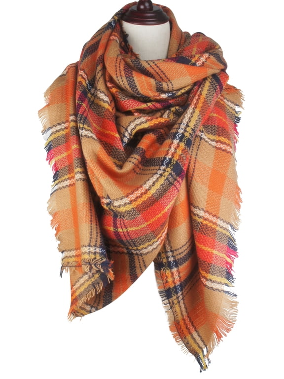 Women's Plaid Blanket Fall Winter Scarf Wrap Oversized Shawl Orange for Halloween Thanksgiving