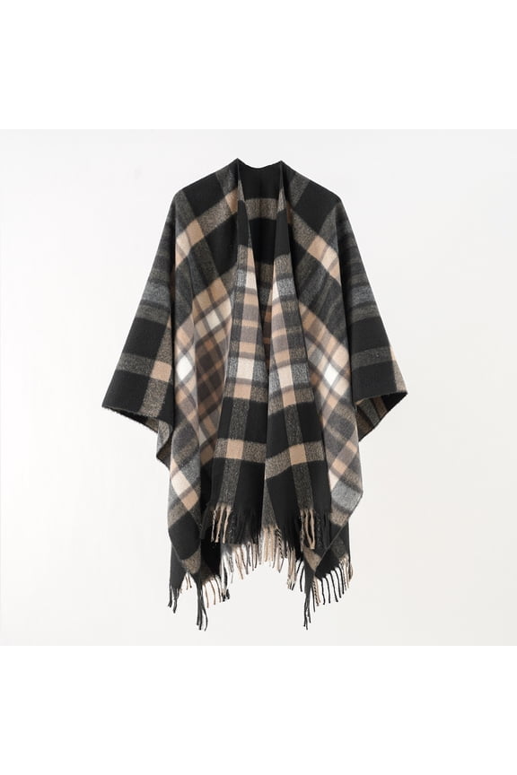 Women's Plaid Blanket Scarf Shawl Wrap Warm Cozy Winter Poncho Cape with Tassels Stylish Oversized Checkered Design